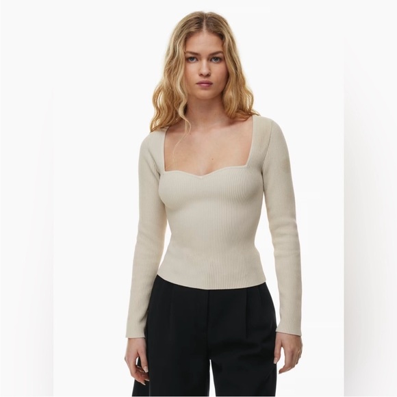 Aritzia Babaton Sculpt Knit Sweetheart Long Sleeve Top Cream Ribbed Size XL - Picture 2 of 8
